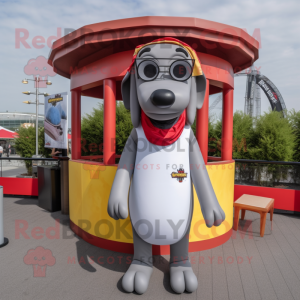 Gray Hot Dogs mascot costume character dressed with a T-Shirt and Eyeglasses