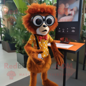 Rust Lemur mascot costume character dressed with a Pencil Skirt and Eyeglasses