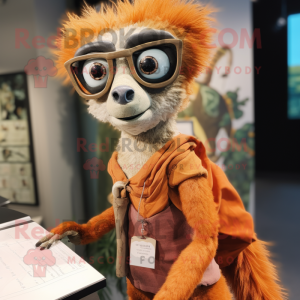 Rust Lemur mascot costume character dressed with a Pencil Skirt and Eyeglasses