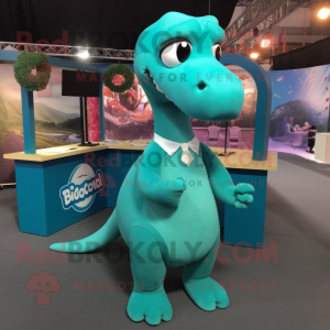 Teal Diplodocus mascot costume character dressed with a Pencil Skirt and Cufflinks