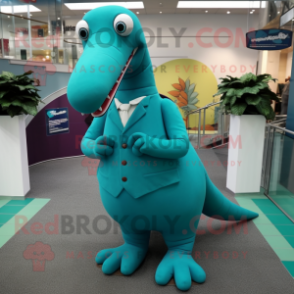 Teal Diplodocus mascot costume character dressed with a Pencil Skirt and Cufflinks