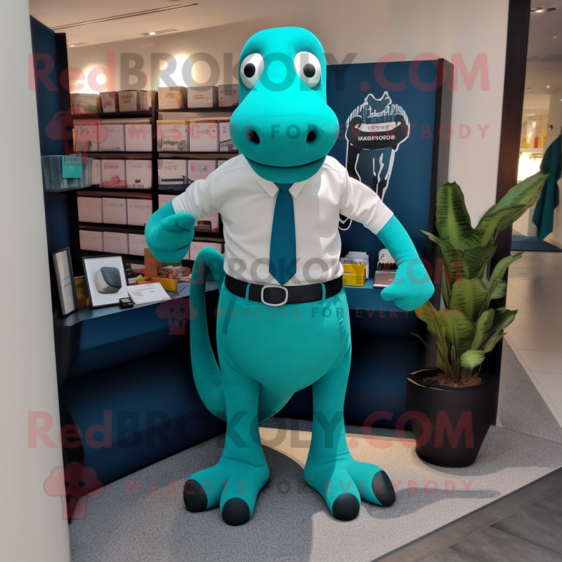 Teal Diplodocus mascot costume character dressed with a Pencil Skirt and Cufflinks