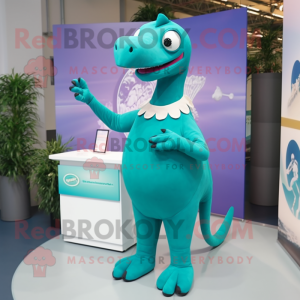 Teal Diplodocus mascot costume character dressed with a Pencil Skirt and Cufflinks