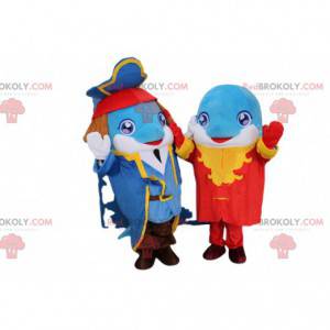 2 maskoti delfínů se stylovým pirátským oblečením -