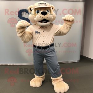 Beige Smilodon mascot costume character dressed with a Bootcut Jeans and Bracelet watches