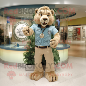 Beige Smilodon mascot costume character dressed with a Bootcut Jeans and Bracelet watches