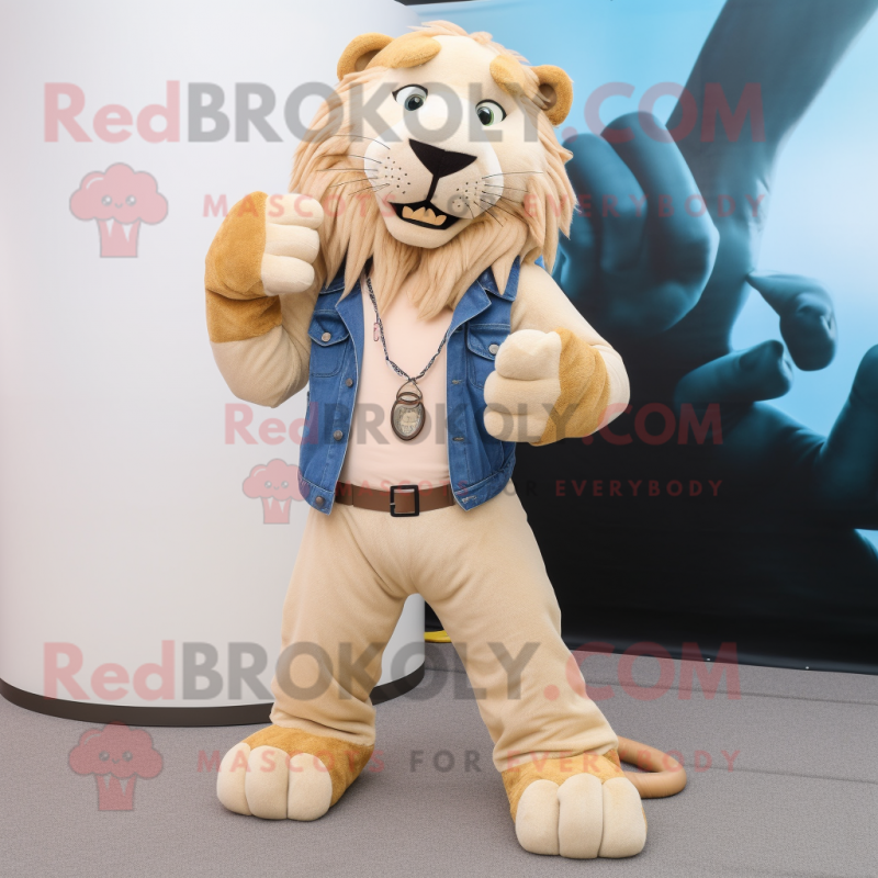 Beige Smilodon mascot costume character dressed with a Bootcut Jeans and Bracelet watches Beige Smilodon mascot costume character dressed with a Bootcut Jeans and Bracelet watches