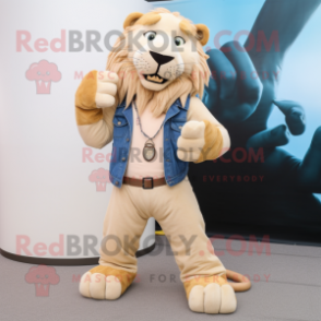 Beige Smilodon mascot costume character dressed with a Bootcut Jeans and Bracelet watches