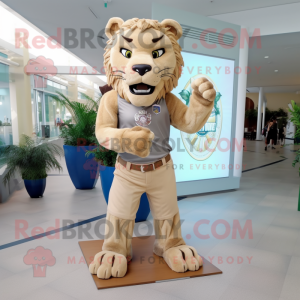 Beige Smilodon mascot costume character dressed with a Bootcut Jeans and Bracelet watches