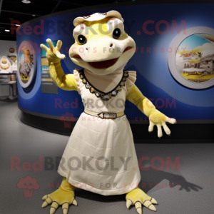 Cream Lizard mascot costume character dressed with a Circle Skirt and Headbands