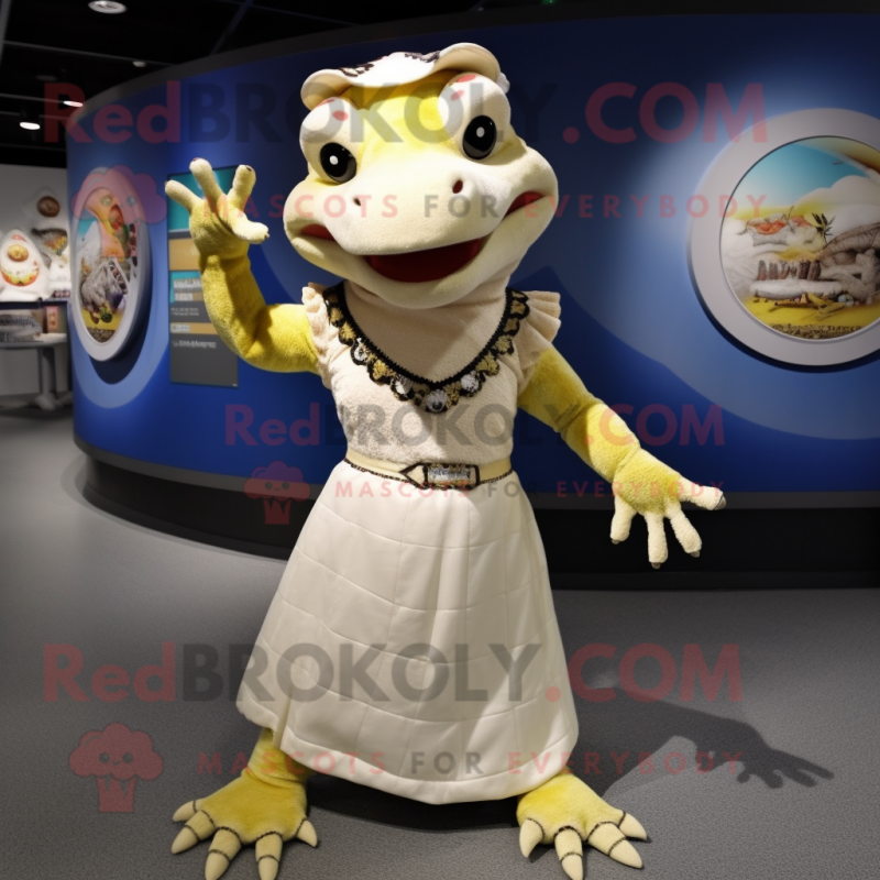 Cream Lizard mascot costume character dressed with a Circle Skirt and Headbands