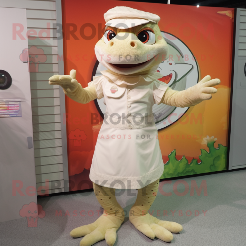 Cream Lizard mascot costume character dressed with a Circle Skirt and Headbands