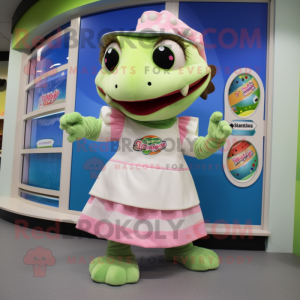 Cream Lizard mascot costume character dressed with a Circle Skirt and Headbands
