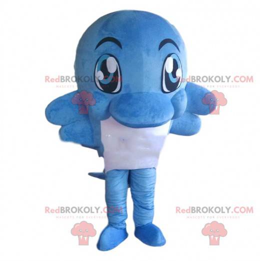 Blauw en wit dolfijn mascotte, kostuum reusachtige vis -