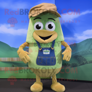 Tan Pesto Pasta mascot costume character dressed with a Denim Shorts and Suspenders