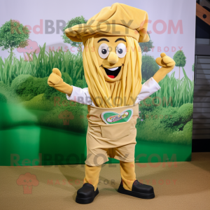 Tan Pesto Pasta mascot costume character dressed with a Denim Shorts and Suspenders