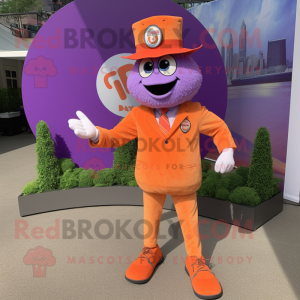 Lavender Orange mascot costume character dressed with a Henley Tee and Lapel pins