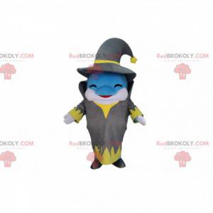 Blue and white dolphin costume dressed as a wizard -
