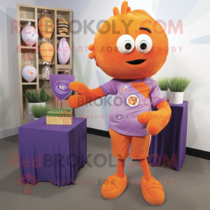 Lavender Orange mascot costume character dressed with a Henley Tee and Lapel pins
