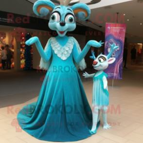 Turquoise Gazelle mascot costume character dressed with a Ball Gown and Brooches