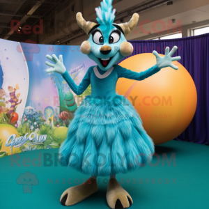 Turquoise Gazelle mascot costume character dressed with a Ball Gown and Brooches
