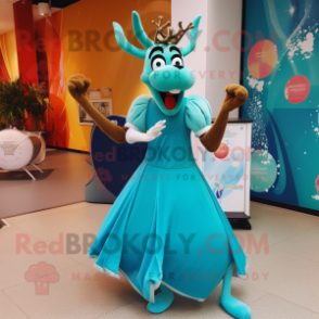 Turquoise Gazelle mascot costume character dressed with a Ball Gown and Brooches