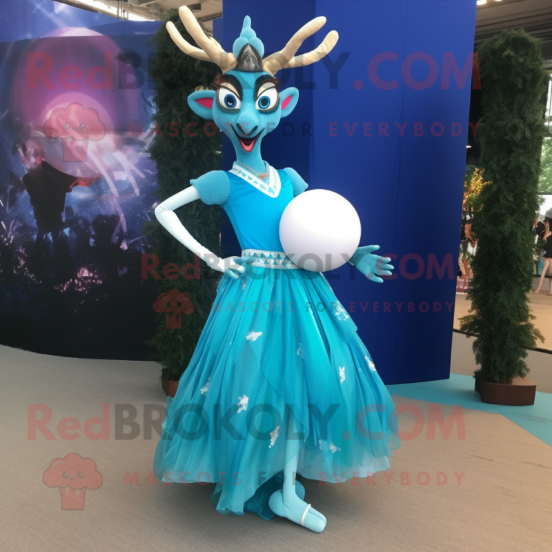 Turquoise Gazelle mascot costume character dressed with a Ball Gown and Brooches