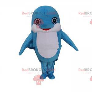 Blauw en wit dolfijn mascotte, kostuum reusachtige vis -