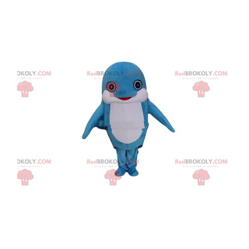Blauw en wit dolfijn mascotte, kostuum reusachtige vis -