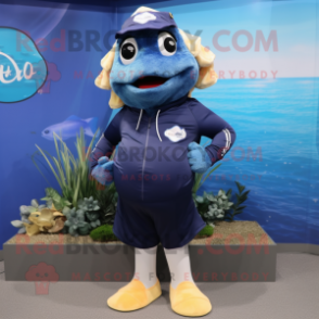 Navy Cod mascot costume character dressed with a Swimwear and Shoe clips