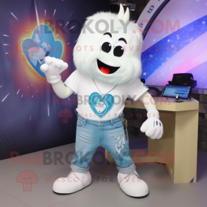 White Heart mascot costume character dressed with a Flare Jeans and Bracelet watches