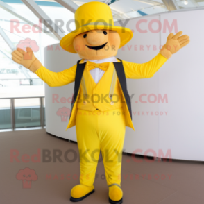 Yellow Trapeze Artist mascot costume character dressed with a Waistcoat and Hats