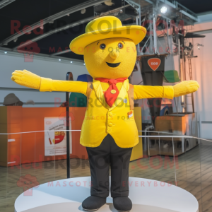 Yellow Trapeze Artist mascot costume character dressed with a Waistcoat and Hats