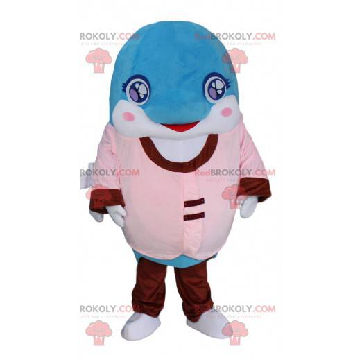Mascote golfinho azul e branco vestido de rosa e vermelho -