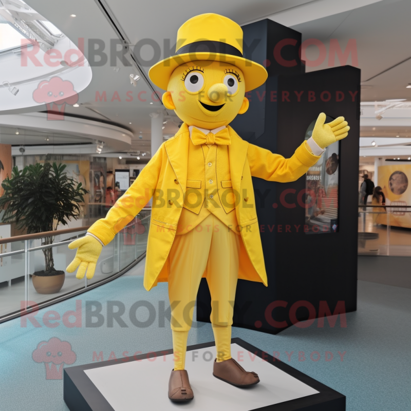 Yellow Trapeze Artist mascot costume character dressed with a Waistcoat and Hats