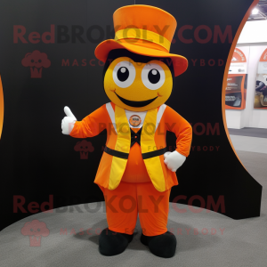 Orange Ring Master mascot costume character dressed with a Overalls and Messenger bags