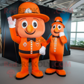 Orange Ring Master mascot costume character dressed with a Overalls and Messenger bags