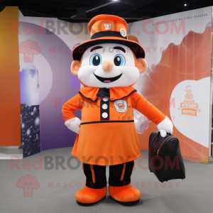 Orange Ring Master mascot costume character dressed with a Overalls and Messenger bags