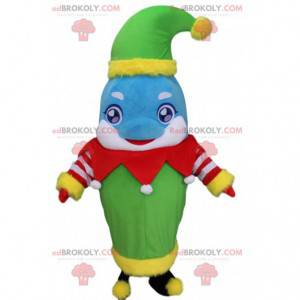 Blue and white dolphin costume dressed as Christmas elf -