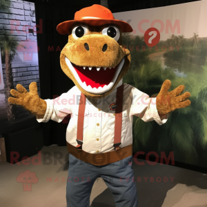 Rust Crocodile mascot costume character dressed with a Oxford Shirt and Suspenders