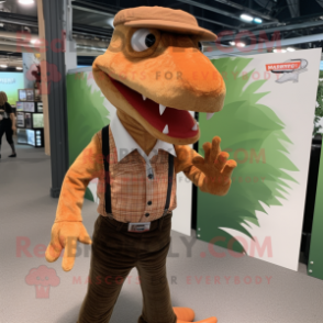 Rust Crocodile mascot costume character dressed with a Oxford Shirt and Suspenders