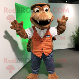 Rust Crocodile mascot costume character dressed with a Oxford Shirt and Suspenders