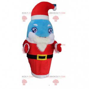 Drakt av blå og hvit delfin kledd som julenissen -