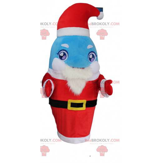 Traje de golfinho azul e branco vestido de Papai Noel -