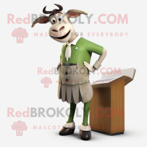 Olive Zebu mascot costume character dressed with a Pencil Skirt and Tie pins