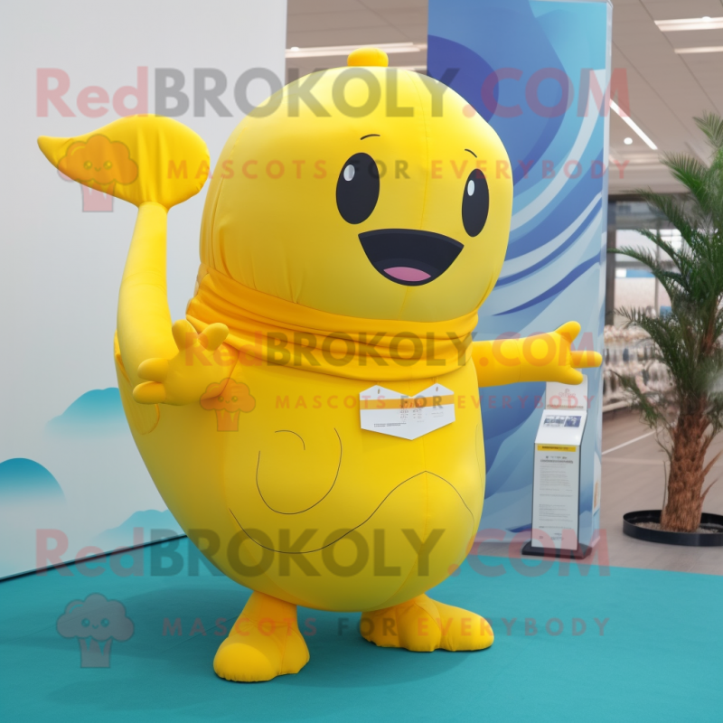 Yellow Whale mascot costume character dressed with a Sheath Dress and Bracelets Yellow Whale mascot costume character dressed with a Sheath Dress and Bracelets