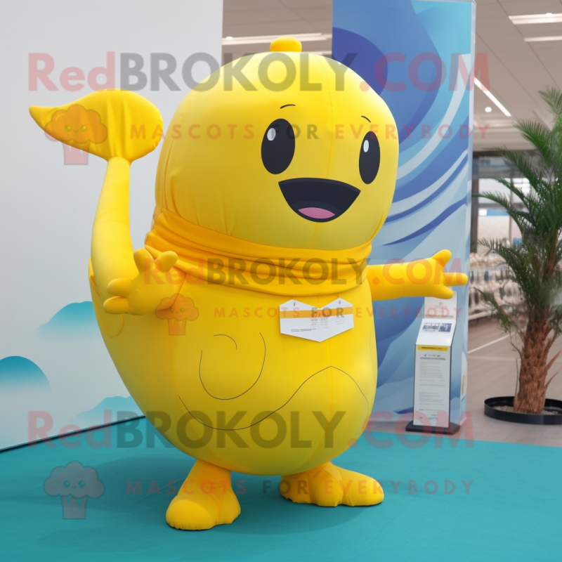 Yellow Whale mascot costume character dressed with a Sheath Dress and Bracelets