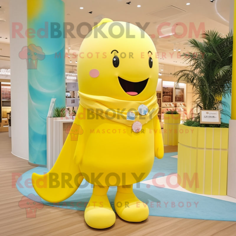 Yellow Whale mascot costume character dressed with a Sheath Dress and Bracelets Yellow Whale mascot costume character dressed with a Sheath Dress and Bracelets