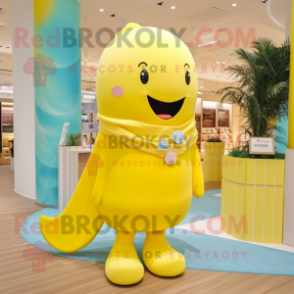 Yellow Whale mascot costume character dressed with a Sheath Dress and Bracelets