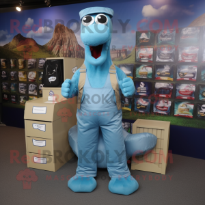 Sky Blue Loch Ness Monster mascot costume character dressed with a Cargo Pants and Belts